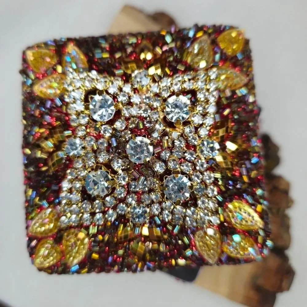 Vintage Artisan Handmade Rhinestone & Bead Trinket Box 80s-90s Made In India EUC